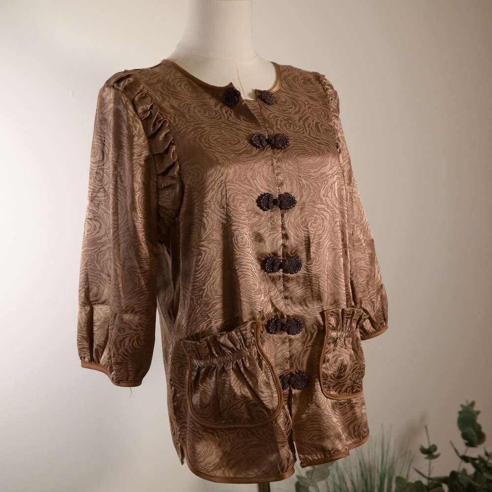 Bronze Rose Jacquard Frog Button Ruffle Blouse 3/4 Sleeve Top L